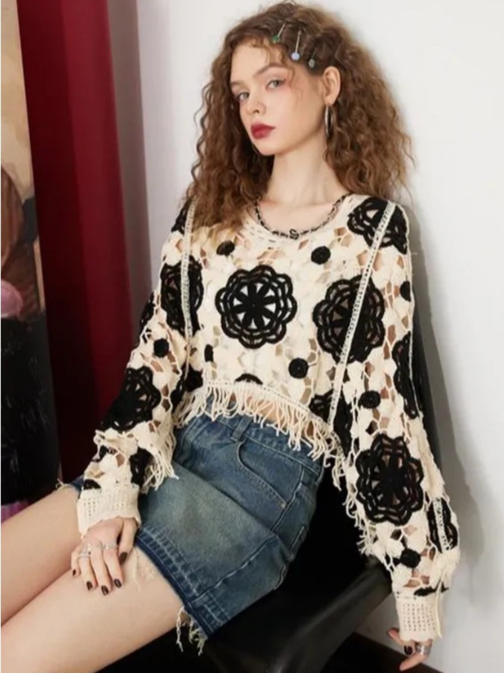 Boho Crochet Fringe Top/Poncho in Cream & Mustard O/S (fits most) - Picture 4 of 4